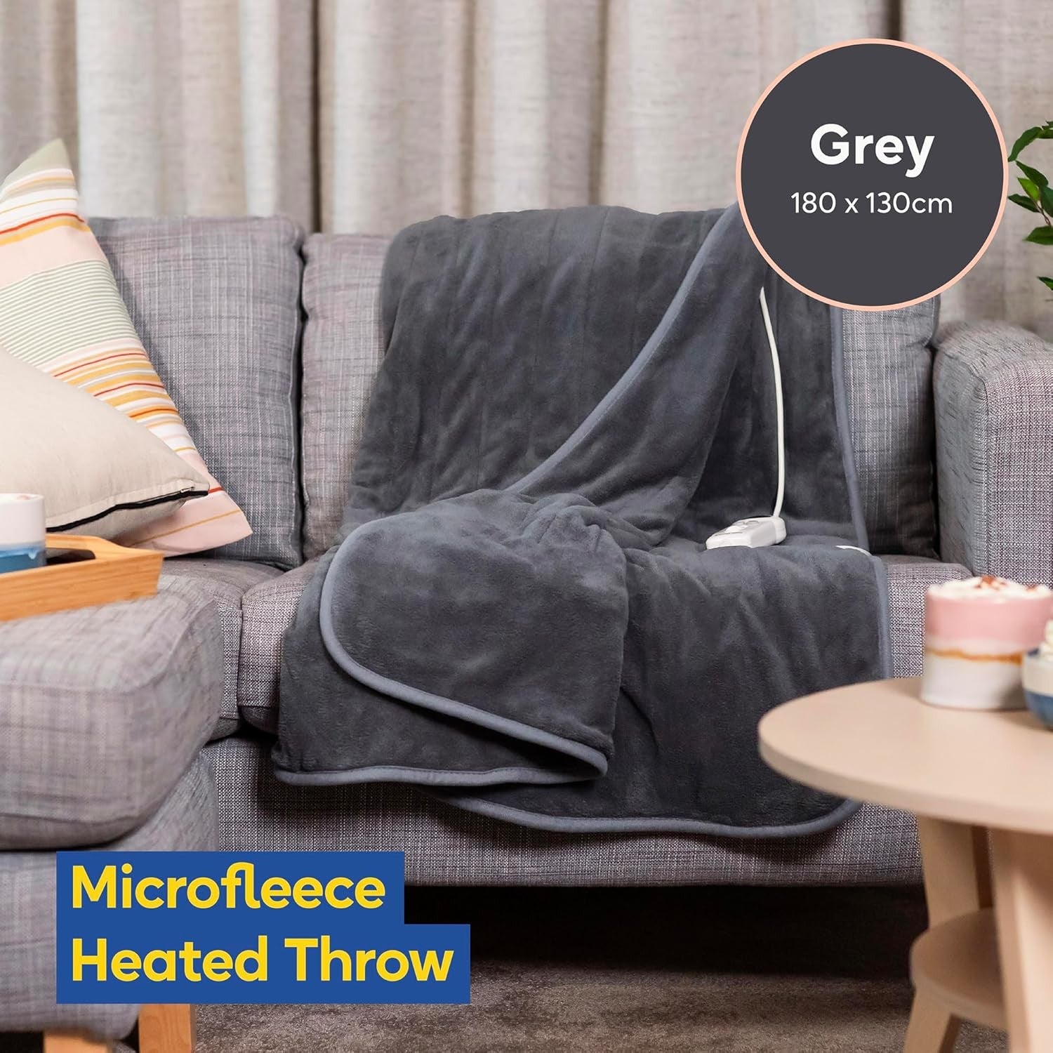 Electric Heated Throw Blanket Grey Microfleece 130x180cm 9 Heat Timer Auto Off