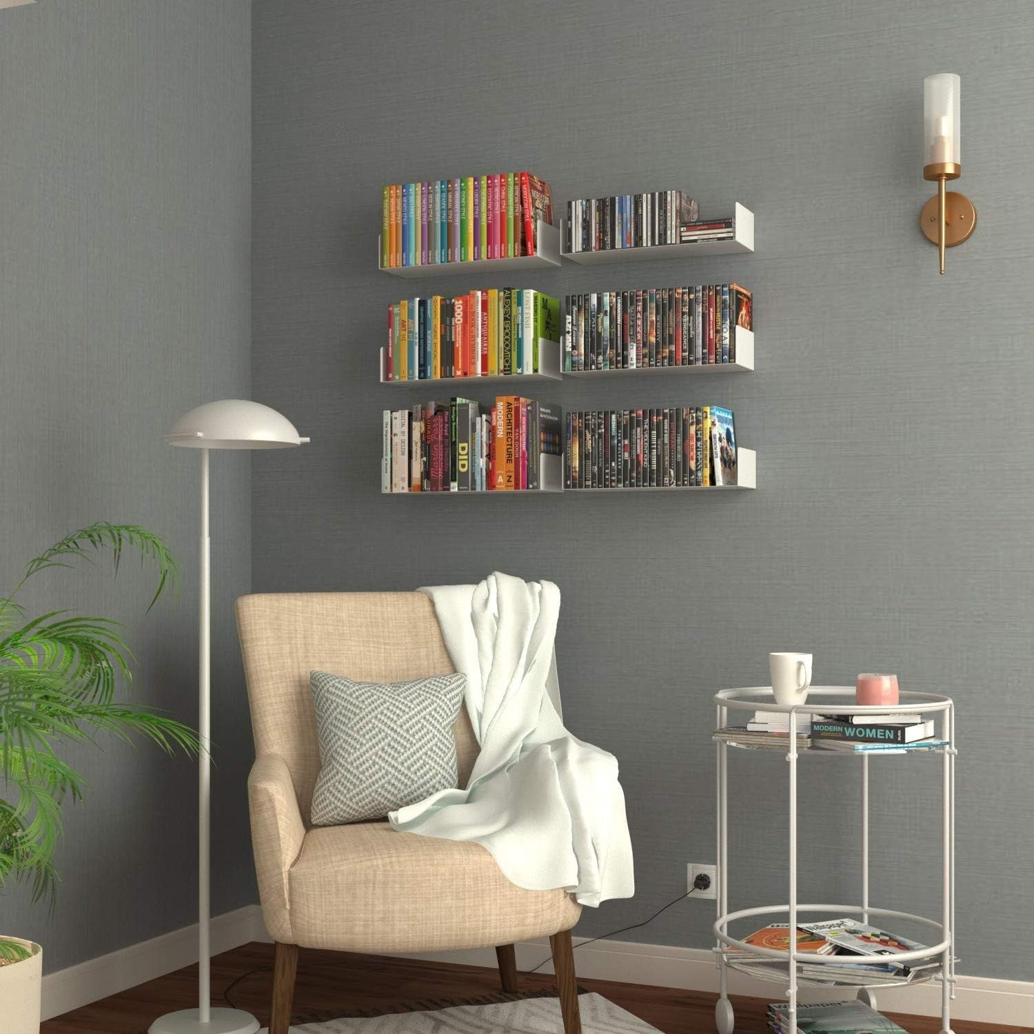 White Floating Wall Shelves Set of 6 CD DVD Storage Metal Bookshelf