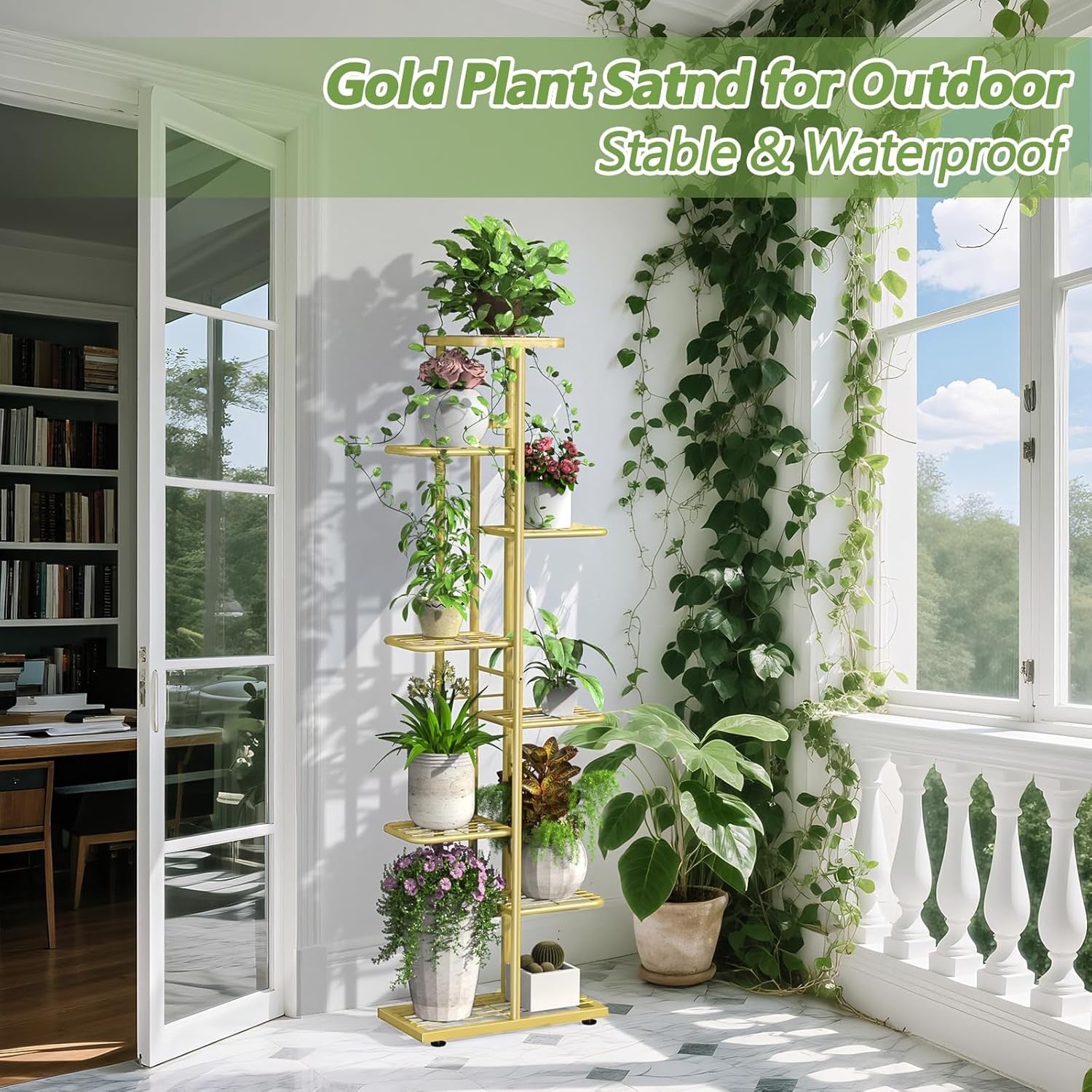 8 Tier Tall Gold Metal Plant Stand Indoor Outdoor Flower Shelf with Tools Set