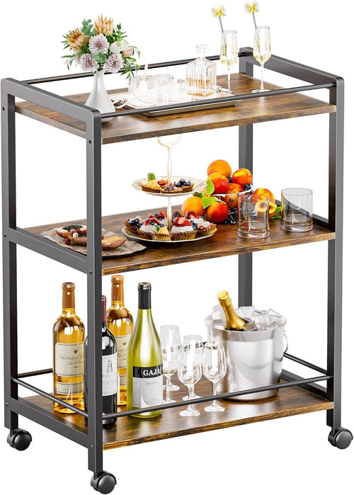 3 Tier Bar Cart Rolling Drinks Trolley with Storage Shelves Wheels Rustic