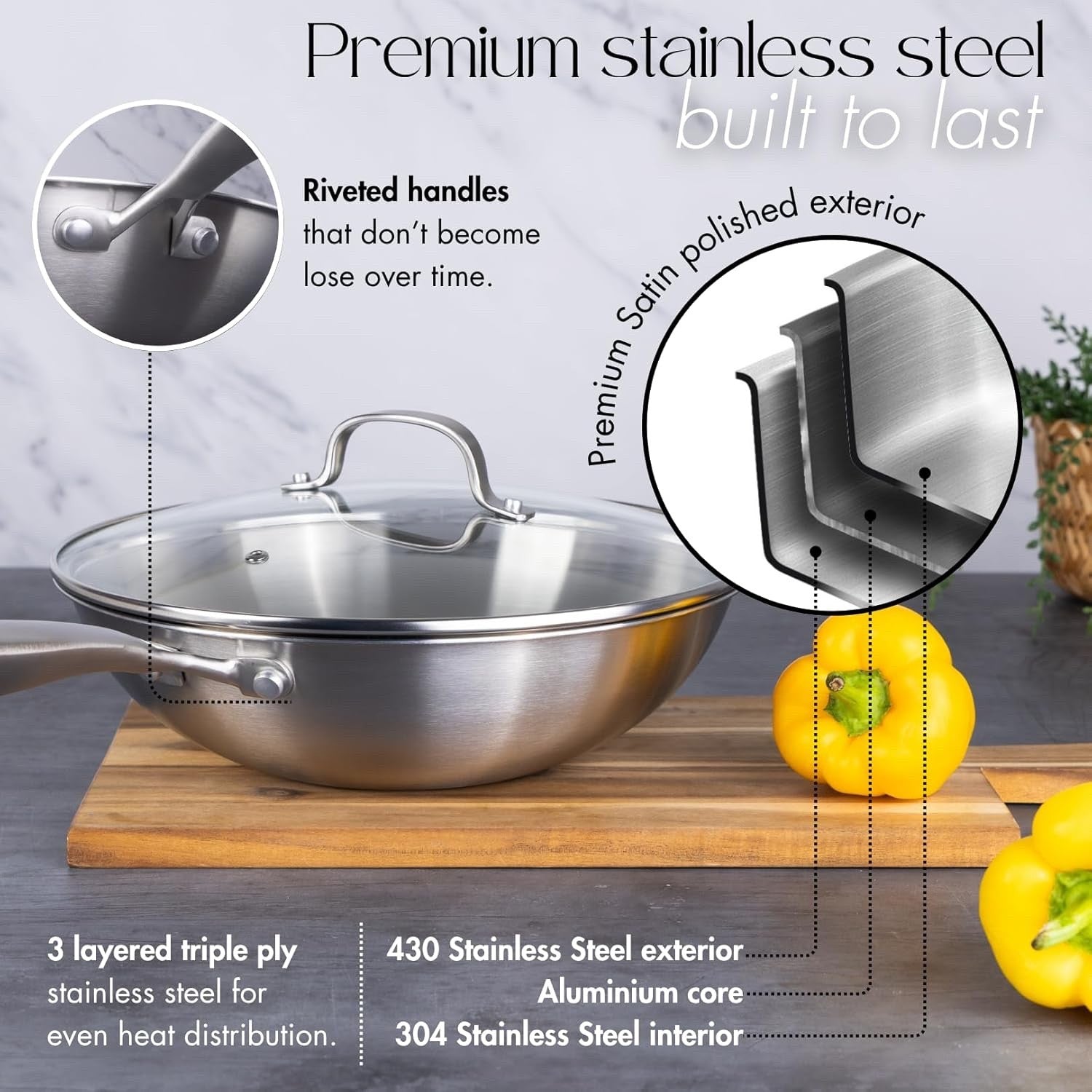 Stainless Steel Wok Pan 28cm Non Stick Induction Deep Fry Pan with Glass Lid