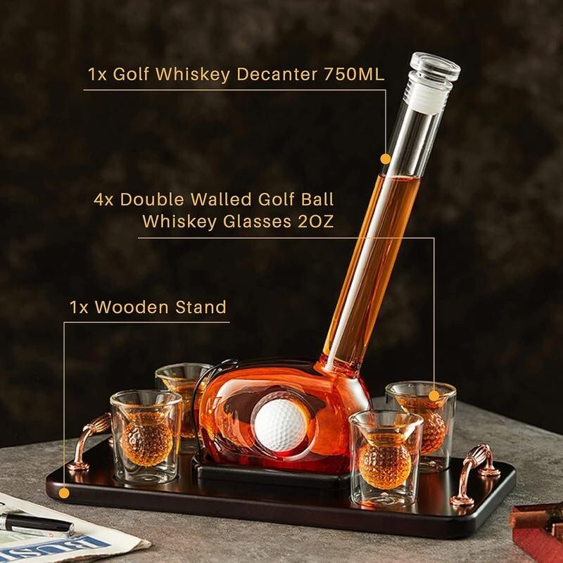Golf Whiskey Decanter Set with 4 Glasses – Gift for Golfers & Bar Display