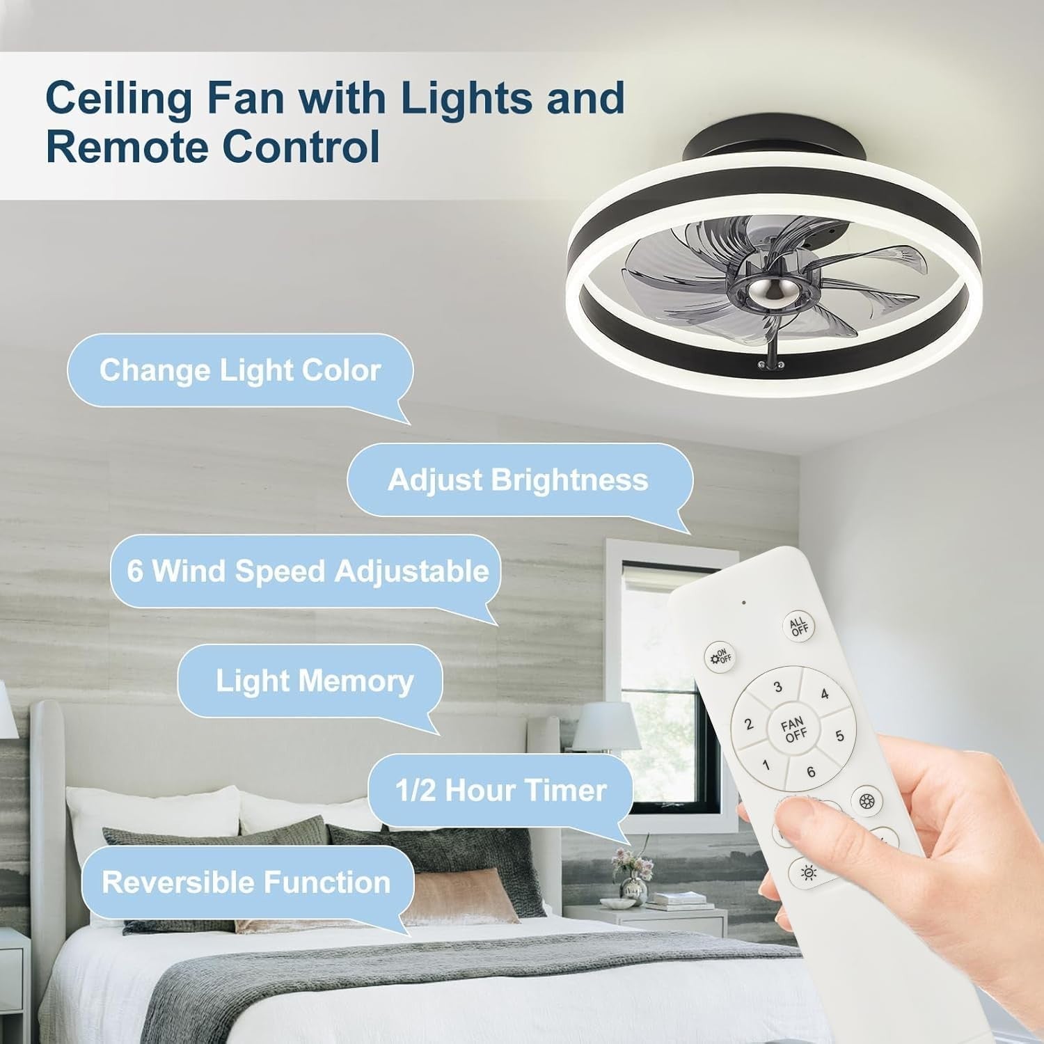 Bellanny 48CM Ceiling Fan, 6 Speeds, Dimmable LED, Reversible, Quiet Motor
