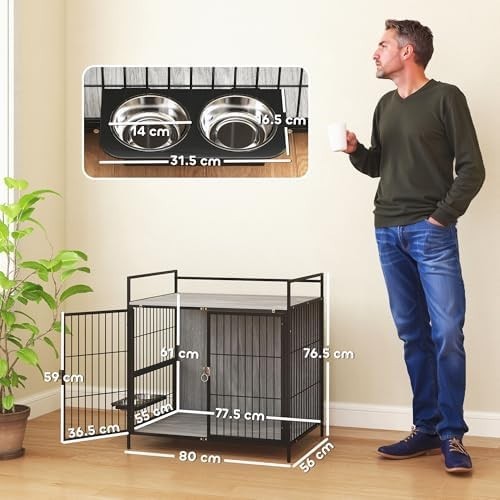 Dog Crate Furniture with Feeding Bowls & Lockable Doors, Grey Indoor Table