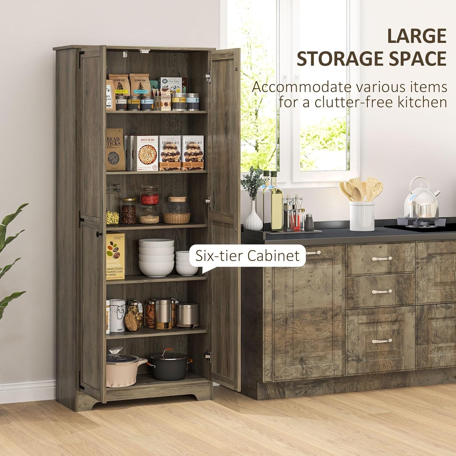 Farmhouse Tall Kitchen Cupboard Grey Wood Storage Cabinet Adjustable