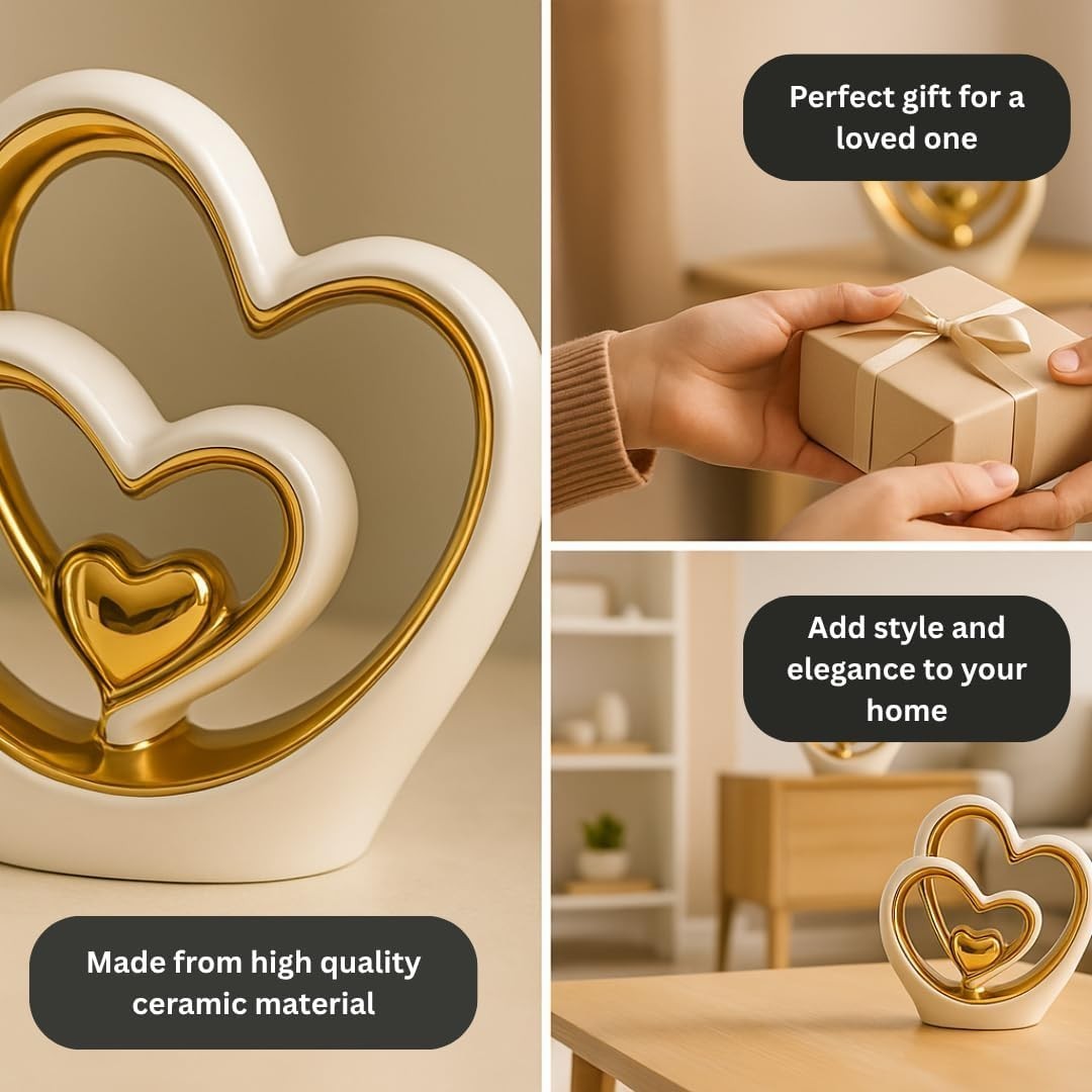 Gold Heart Ornament Modern Ceramic Sculpture Wedding Gift Home Decor 25.5cm
