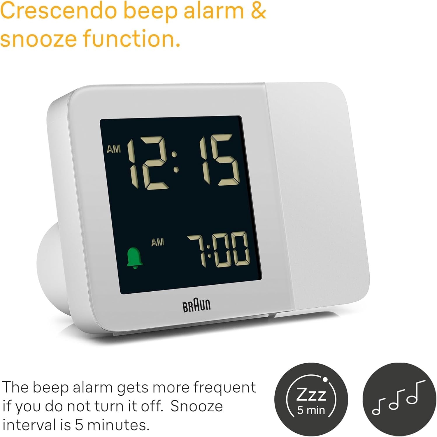 Projection Alarm Clock with Backlight LCD Display Snooze White