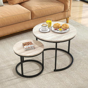 2-Piece Round Nesting Coffee Table Set with Oak Wood Top & Black Metal Frame