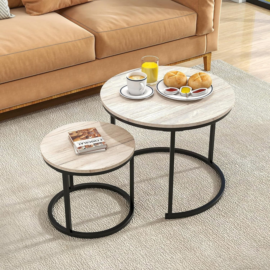 2-Piece Round Nesting Coffee Table Set with Oak Wood Top & Black Metal Frame
