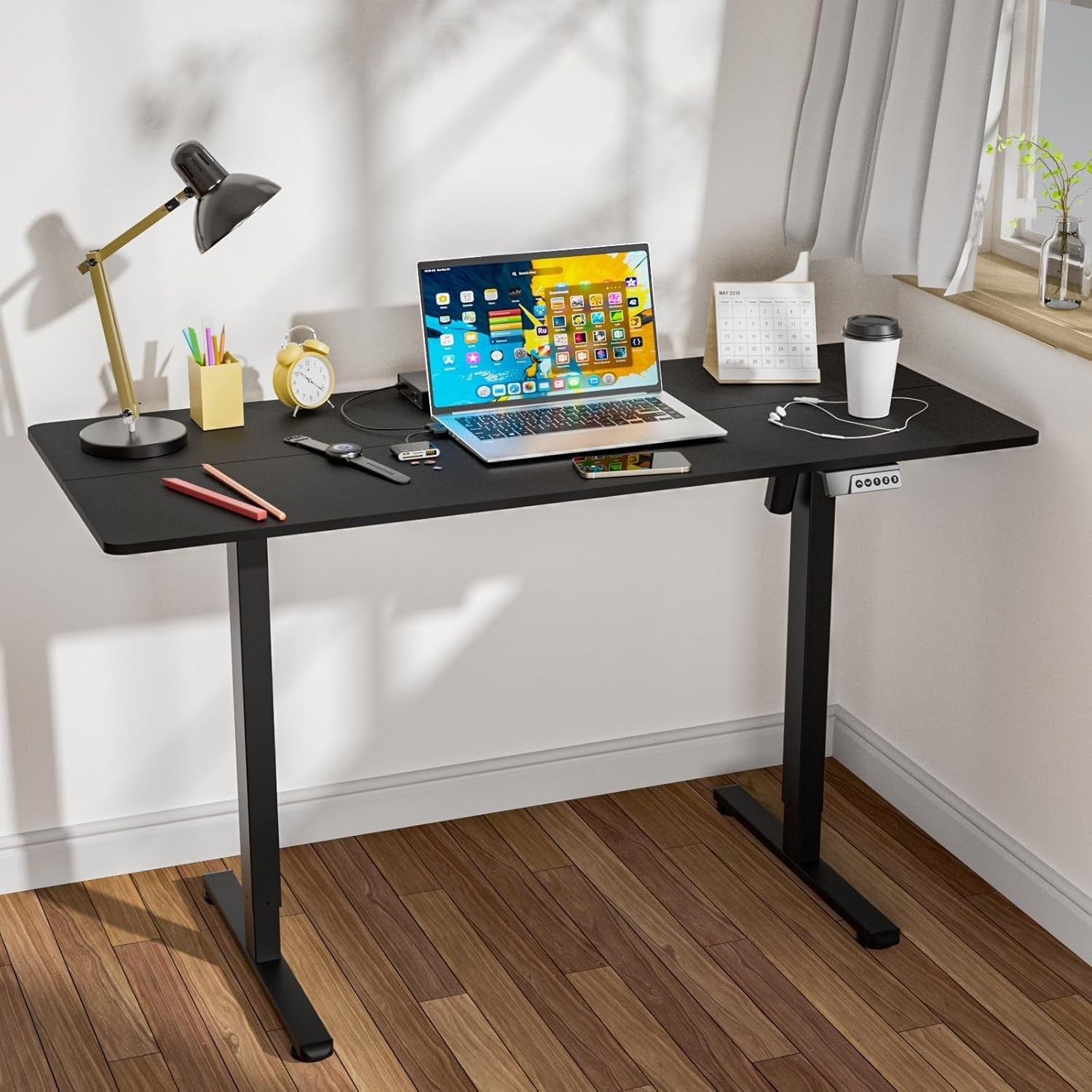 Adjustable Electric Standing Black Desk 140x60cm Smart Sit Stand Workstation