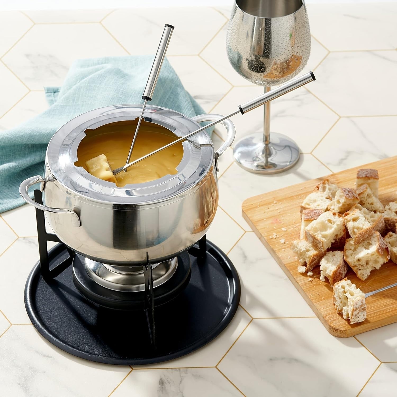 Stainless Steel Fondue Set Cheese Chocolate Pot 6 Fork Silver
