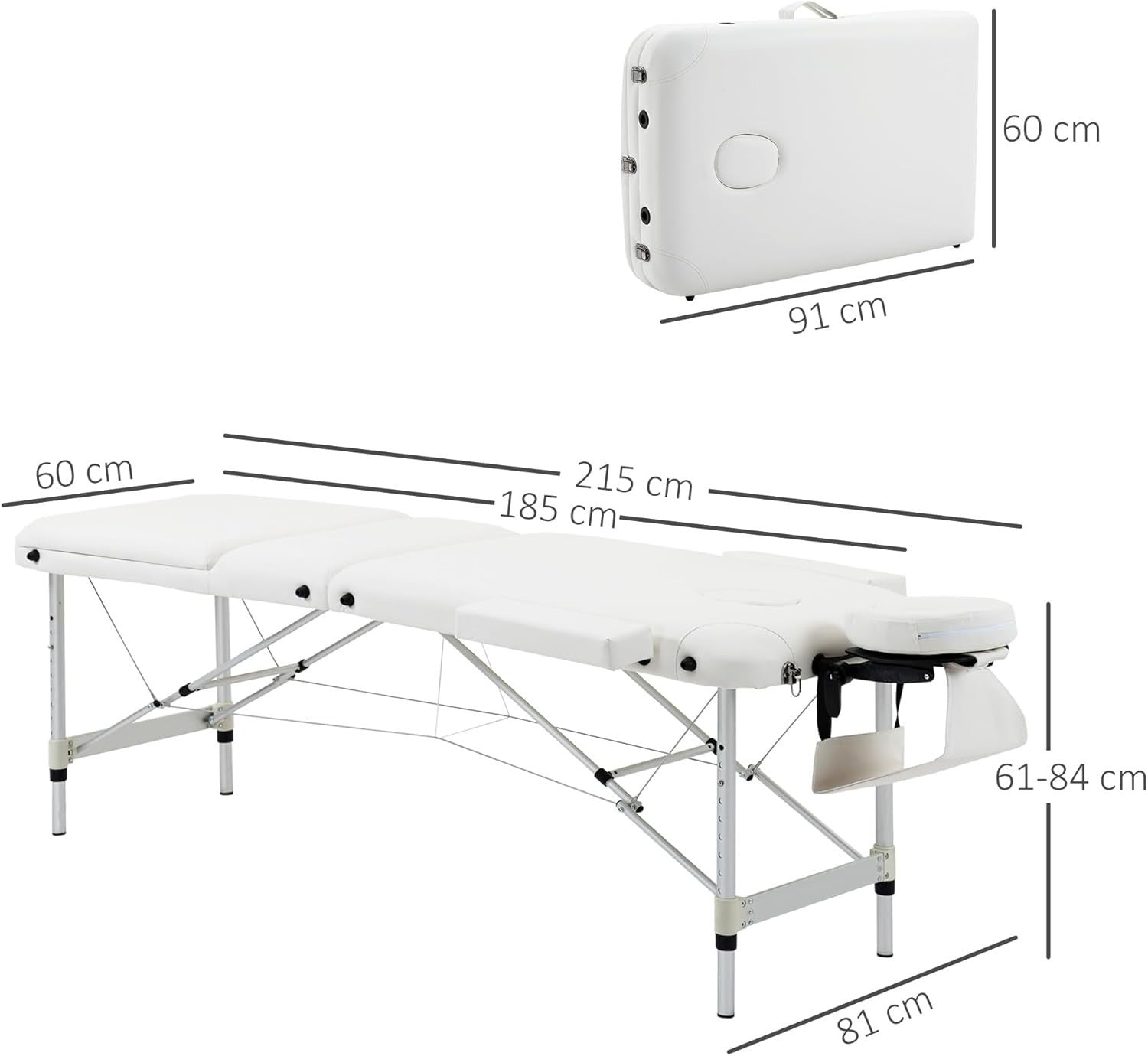 Portable Massage Table 3-Section Foldable Aluminium Beauty Bed w/ Bag White
