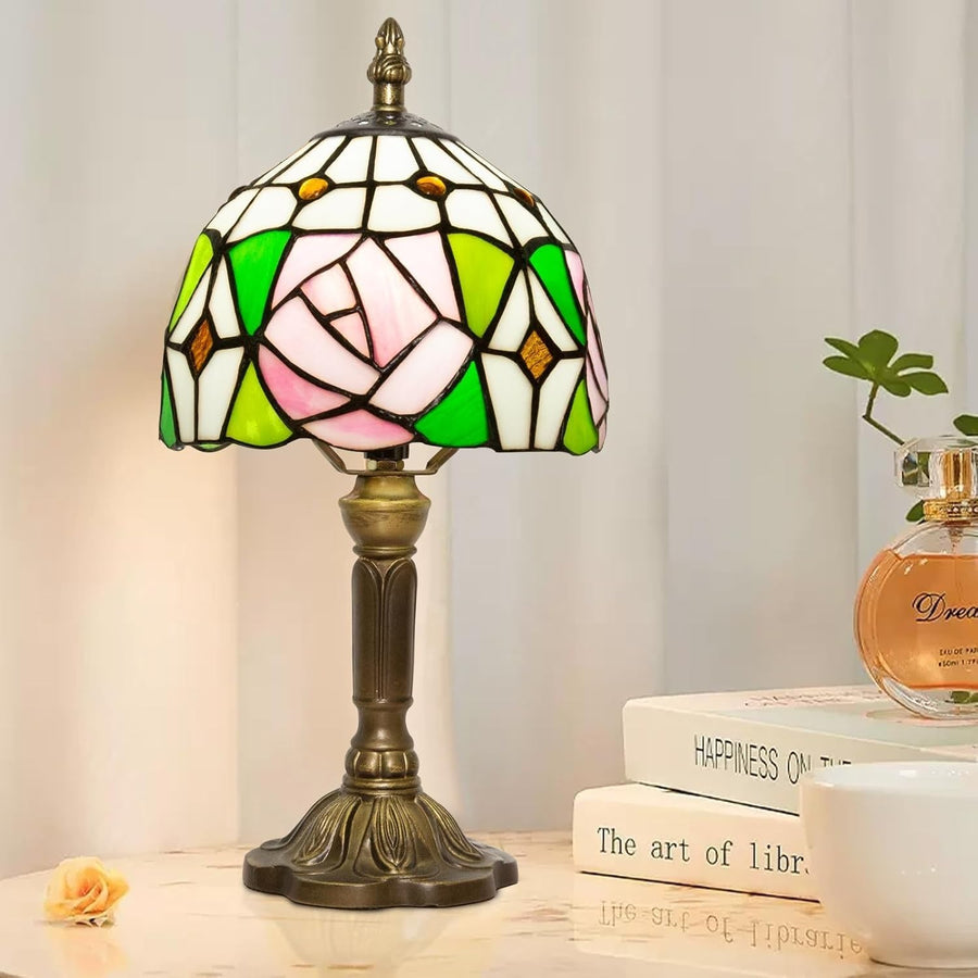 Tiffany Style Pink Rose Table Lamp | 3-Color LED | Vintage Bedside Light