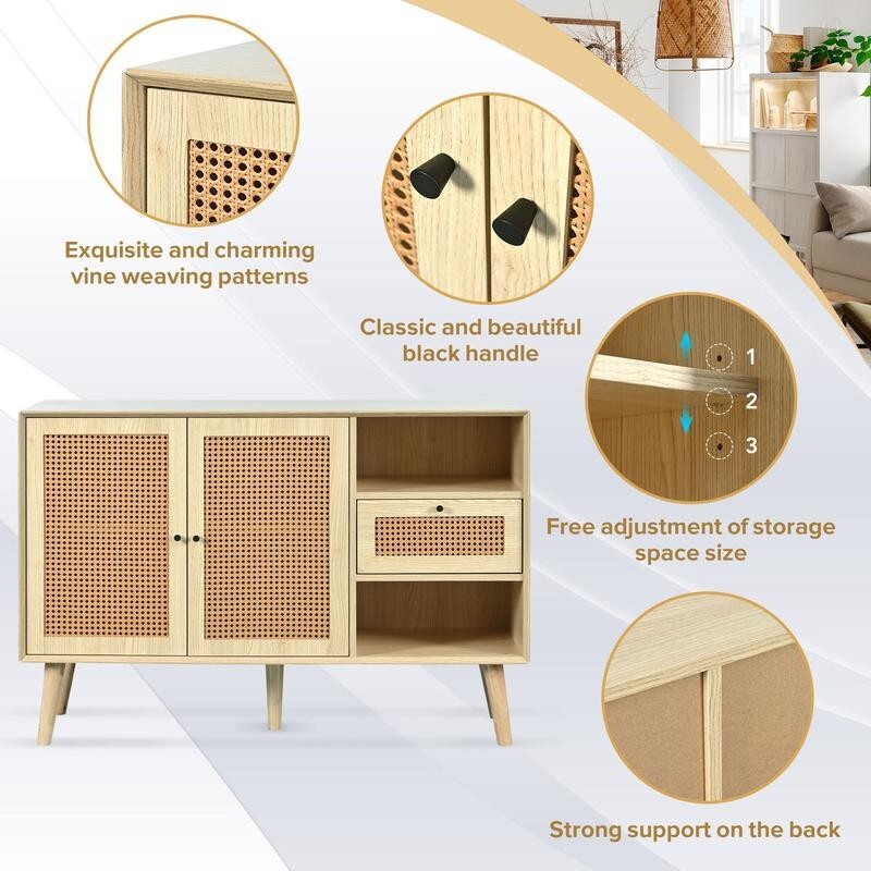Modern Woven Rattan Sideboard Cabinet Light Wood Nordic Storage Unit