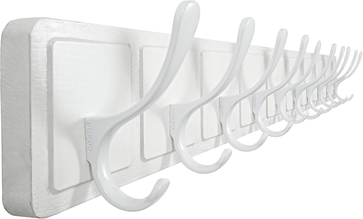 Scandi Wall Coat Rack 10 Hooks | White Wooden Hanger for Coats Hats Scarves