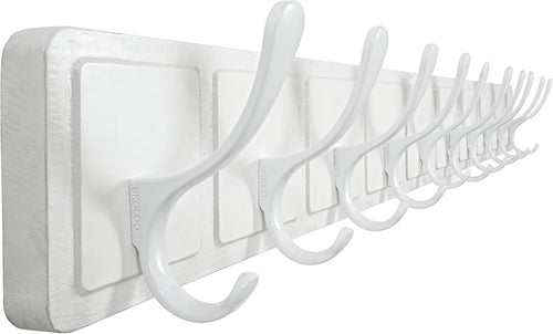 Scandi Wall Coat Rack 10 Hooks | White Wooden Hanger for Coats Hats Scarves