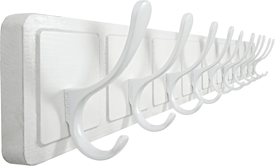 Scandi Wall Coat Rack 10 Hooks | White Wooden Hanger for Coats Hats Scarves