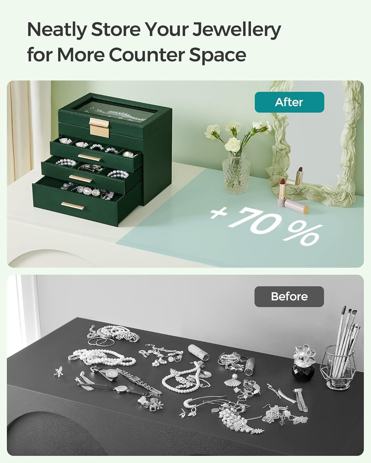 Forest Green Gold Jewellery Box Glass Lid 4 Layer Organizer with Drawers