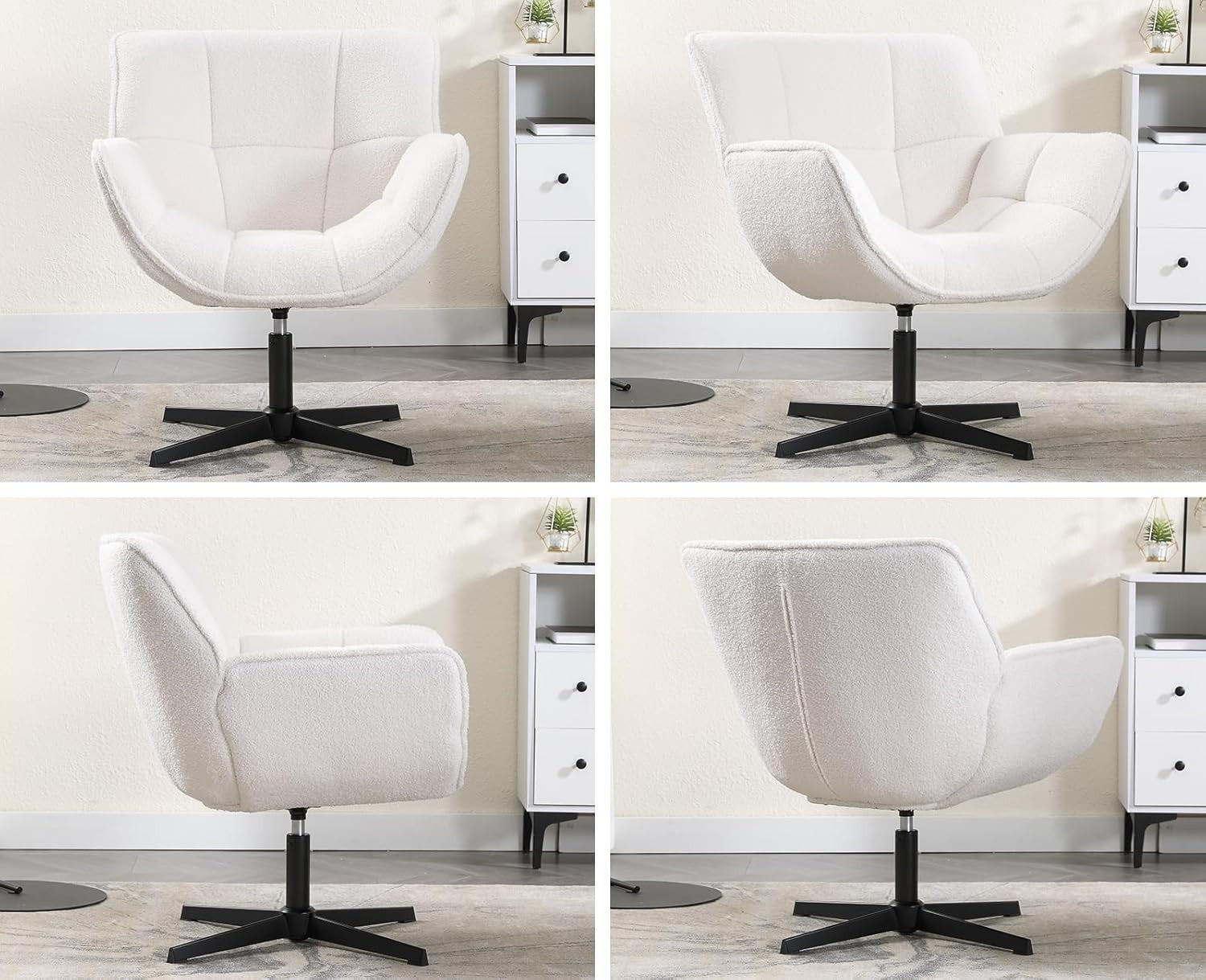 Swivel Faux Fur Accent Chair White Tub Armchair Metal Base