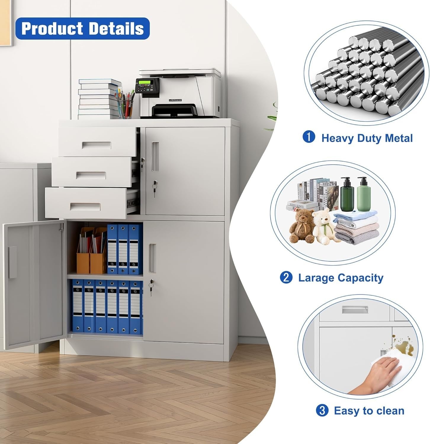 Steel Storage Cabinet with 3 Locking Doors & Drawers 110x80x40cm for Office