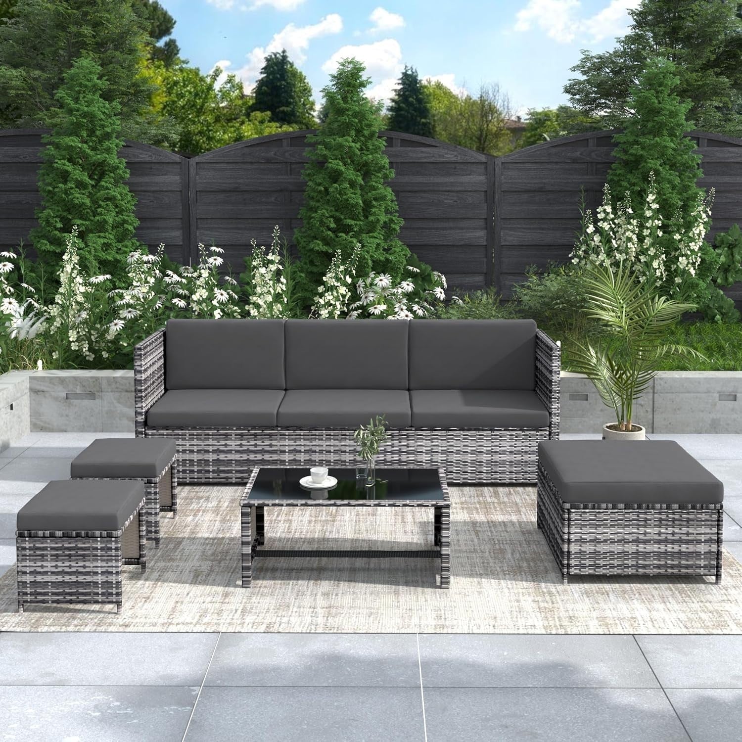 Grey 6-Seater Rattan Outdoor Corner Sofa Set with Cushions, Coffee Table & Stool