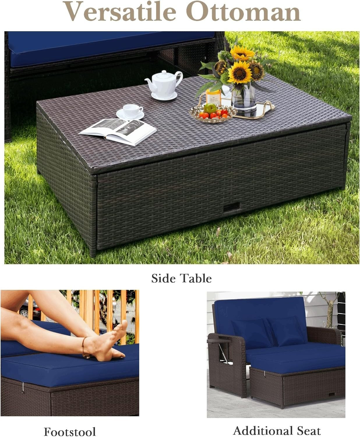 Navy+Brown 2-Seater Rattan Outdoor Daybed with Adjustable Back & Ottoman