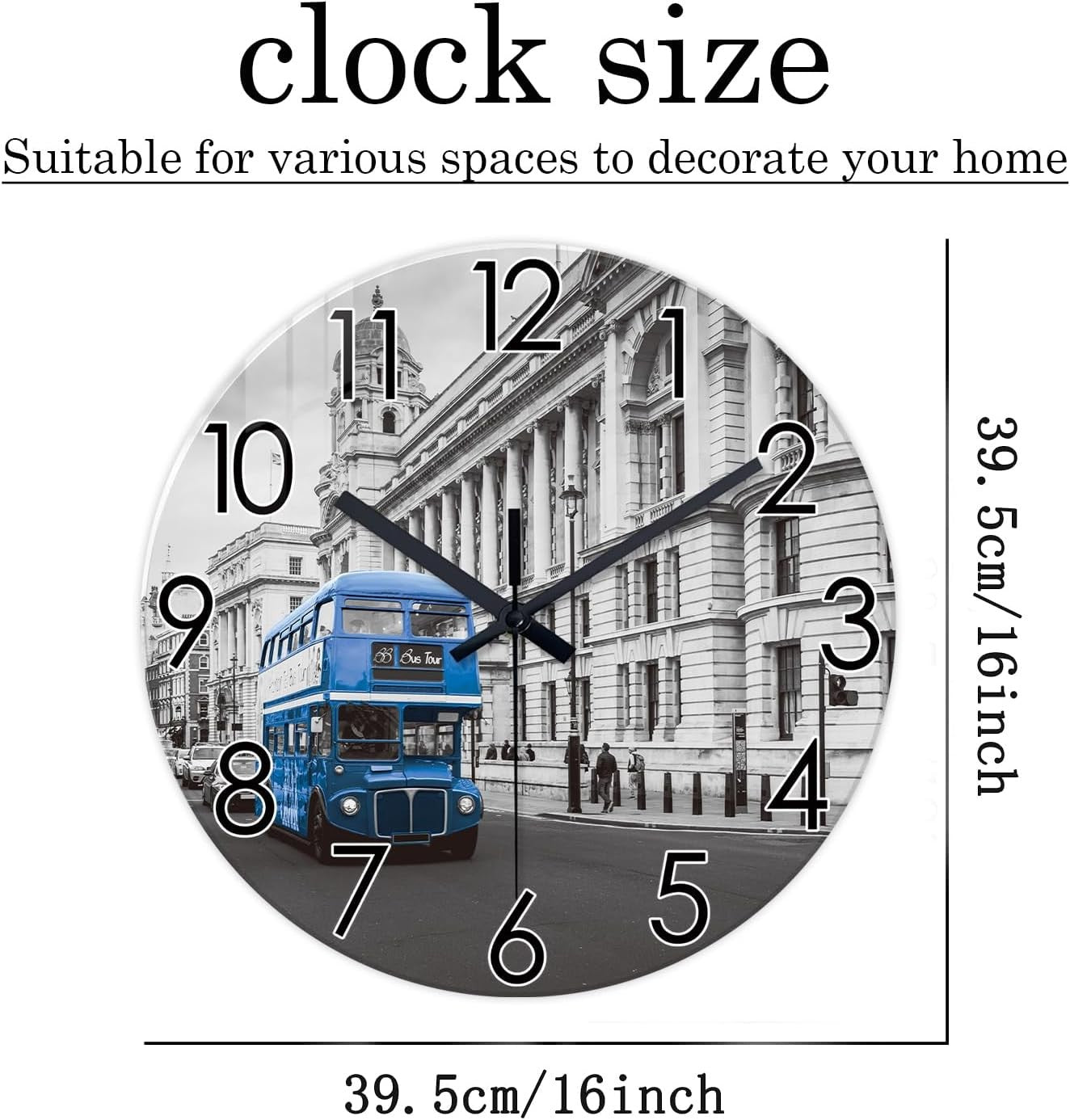 16" London Wall Clock Grey Silent Round Glass Modern Home Decor