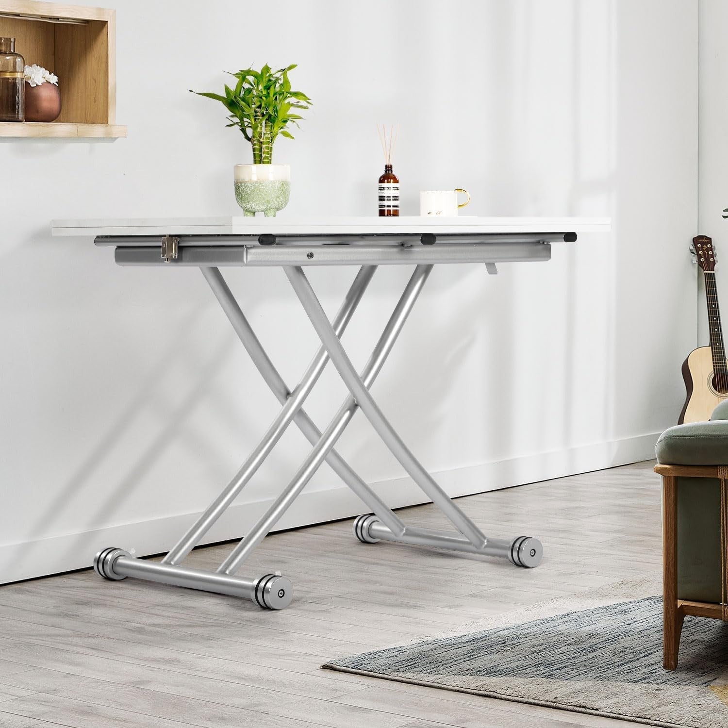 Height Adjustable Expandable White Coffee Dining Table Space Saving