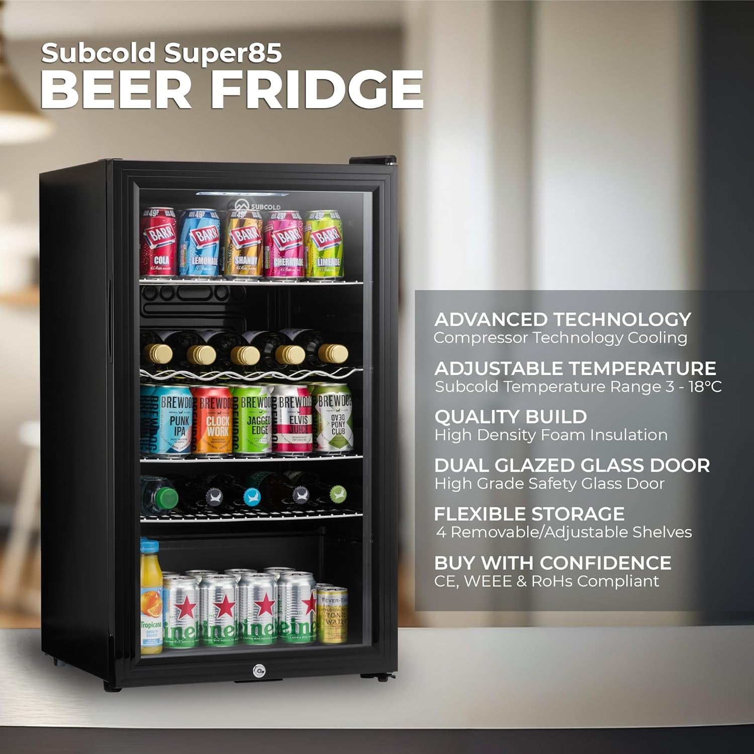 Under Counter Drinks Fridge 85L Beer Wine Cooler Glass Door LED Lockable