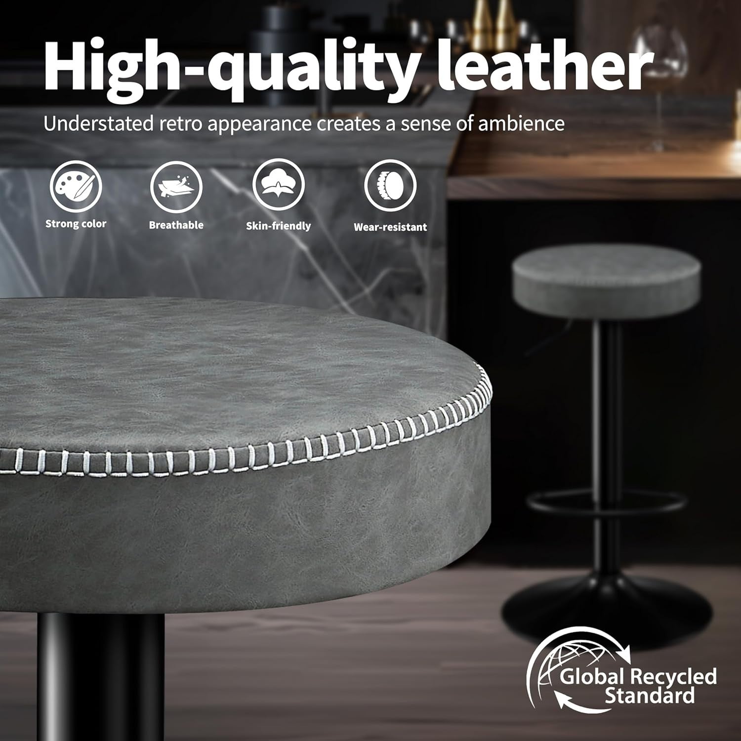 Adjustable Grey Bar Stools Set of 2 Swivel Faux Leather 36x36x85.5cm