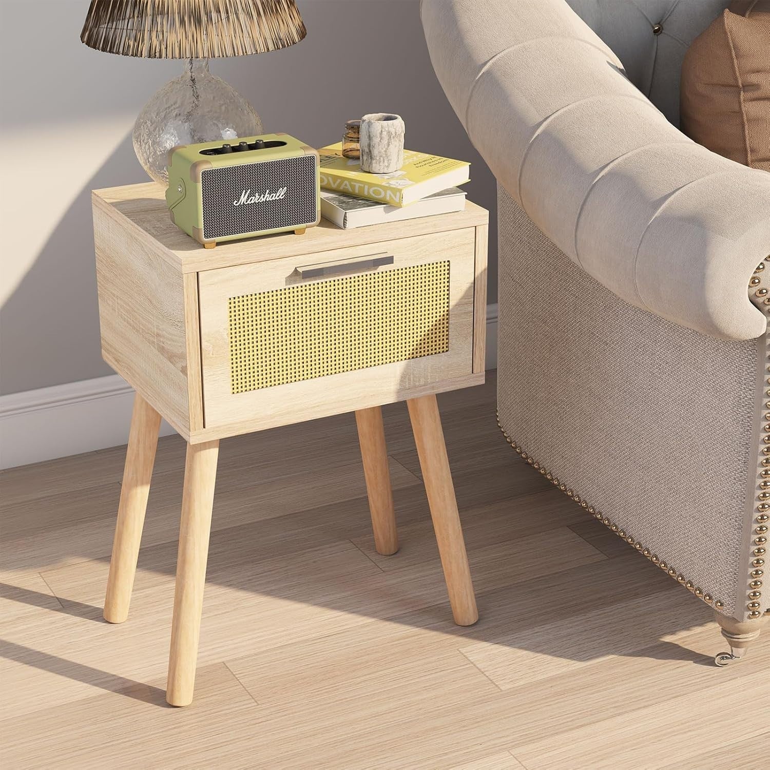 Natural Rattan Bedside Tables Set of 2, Modern Wood Nightstands with Drawer