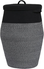 26" Tall Black Grey Mix Cotton Rope Laundry Basket with Lid Large Woven Storage