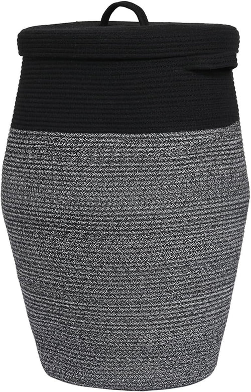 26" Tall Black Grey Mix Cotton Rope Laundry Basket with Lid Large Woven Storage