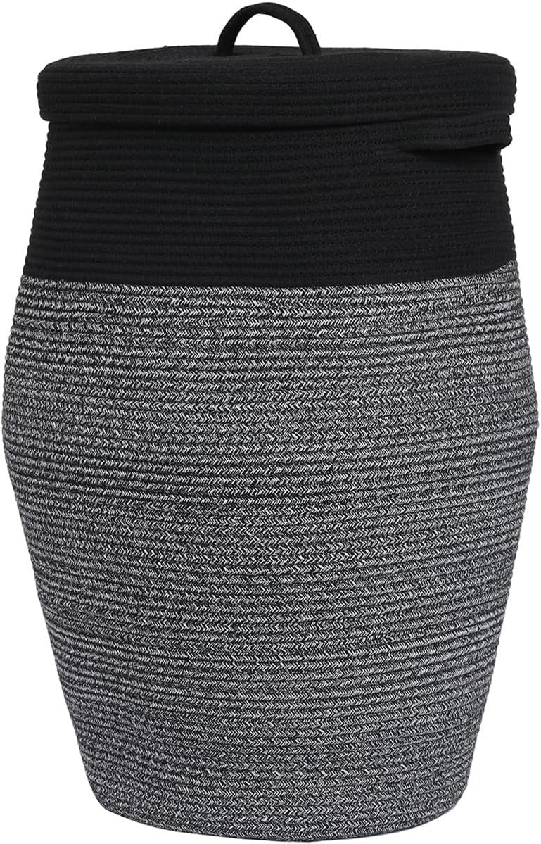 26" Tall Black Grey Mix Cotton Rope Laundry Basket with Lid Large Woven Storage