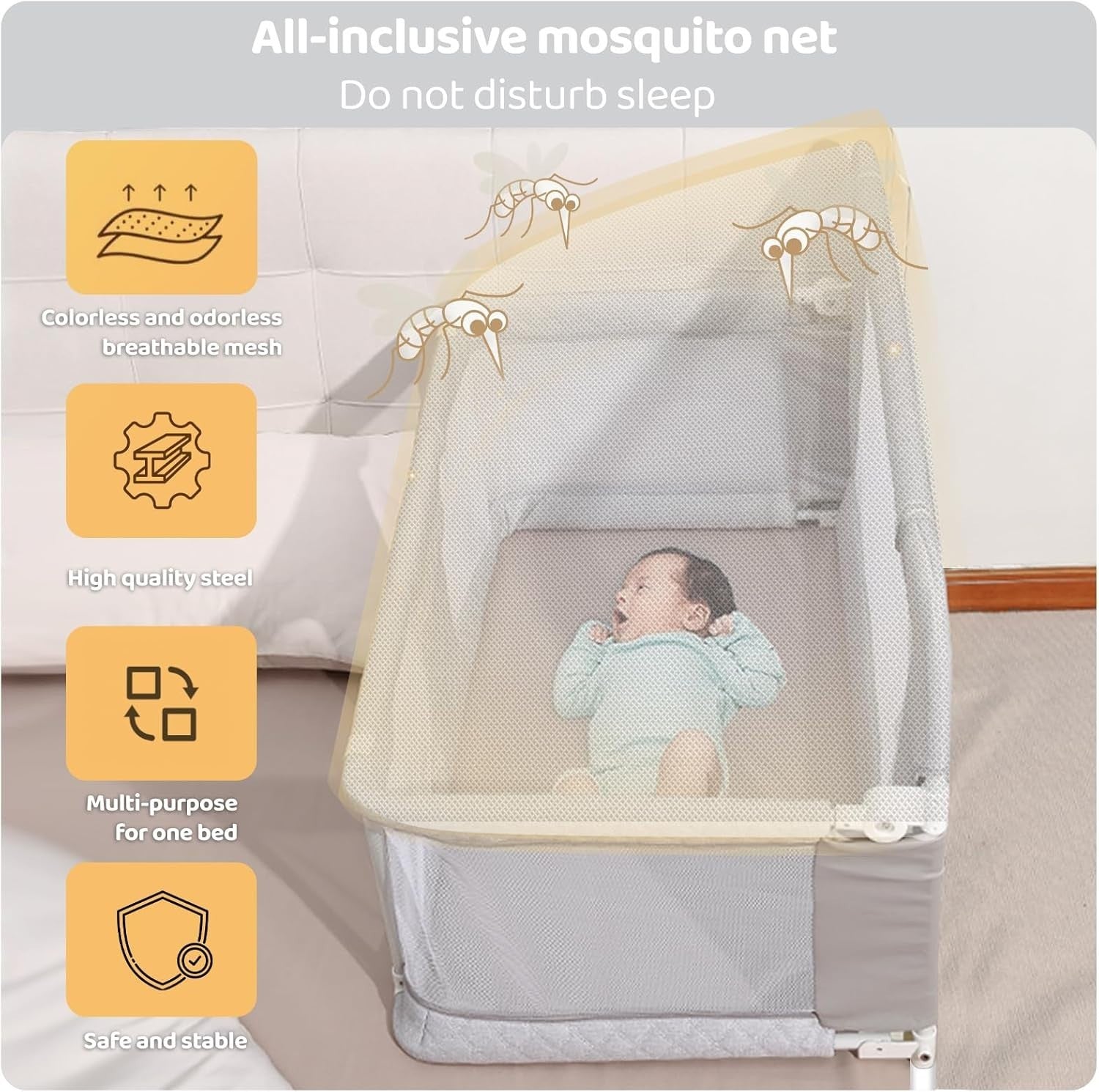 3in1 Folding Baby Crib Bedside Sleeper Playpen Portable Cot with Mesh Grey