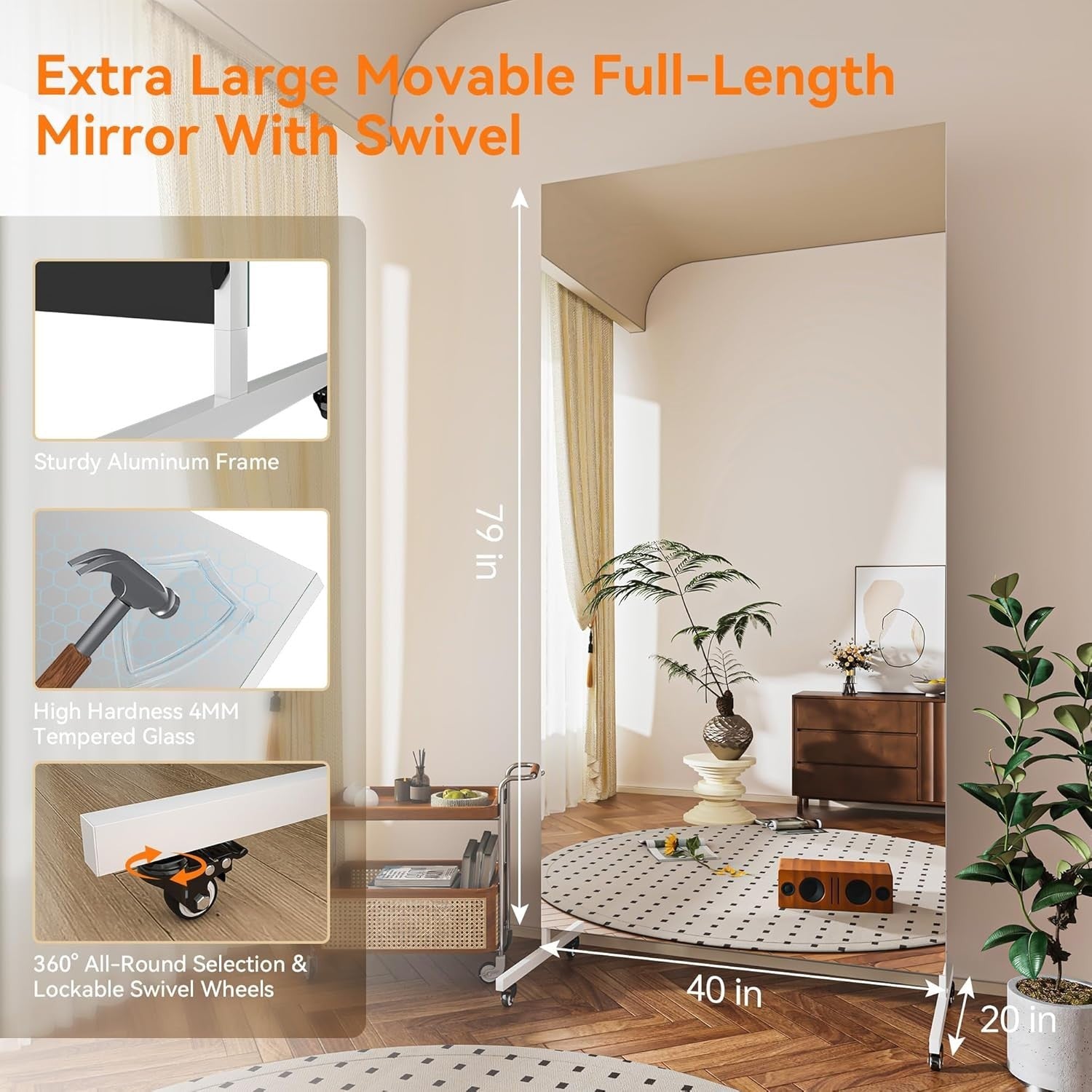 Extra Large 200x100cm Rolling Full Length Gym Mirror with Tempered Glass