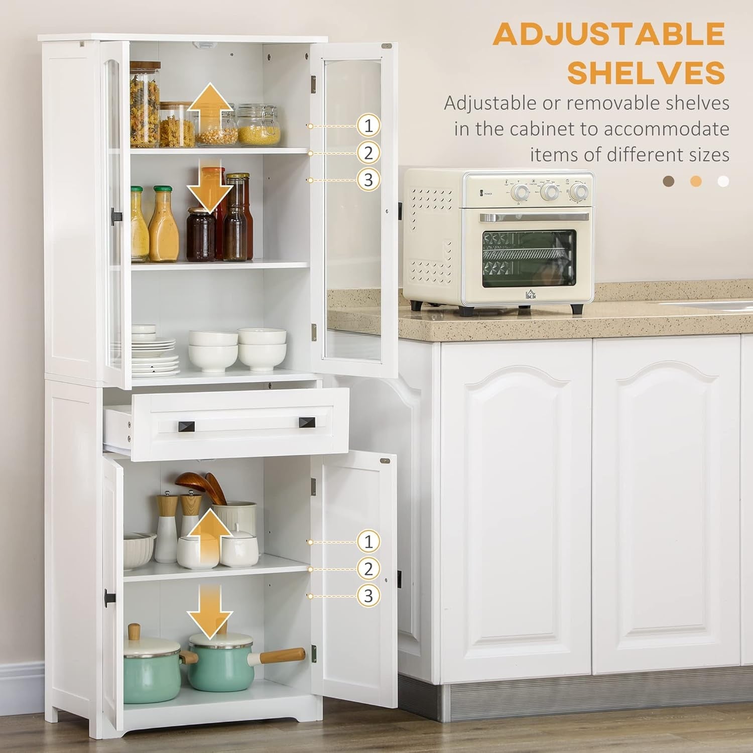 Tall White Kitchen Storage Cabinet Cupboard with Drawer & Glass Doors 160cm