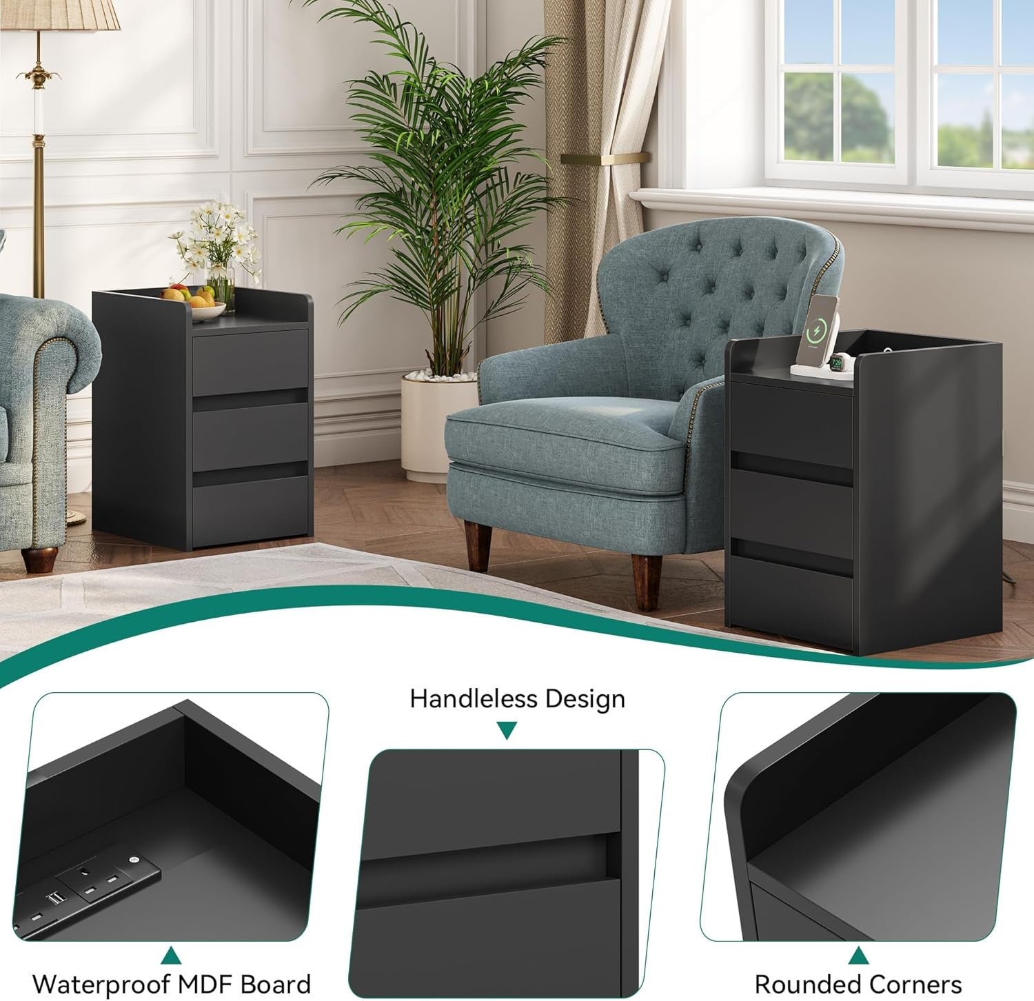 Black Bedside Table with 3 Drawers & Power Station | Modern Nightstand 35×59cm