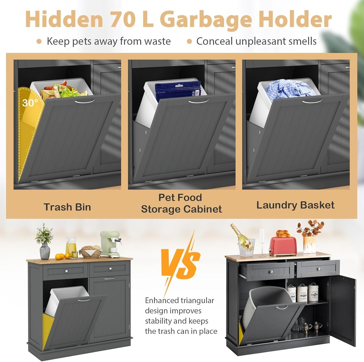Modern Kitchen Sideboard with Tilt-Out Trash Bin Cabinet & Storage Drawers