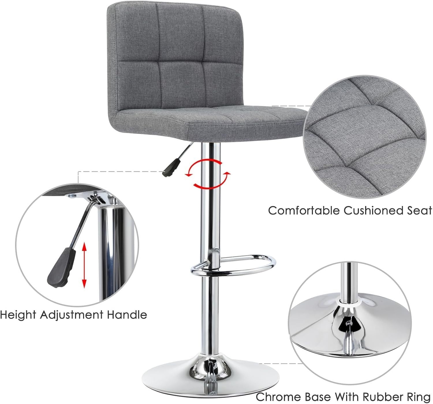 Adjustable Bar Stools Set of 2 Swivel Gas Lift Grey Chairs