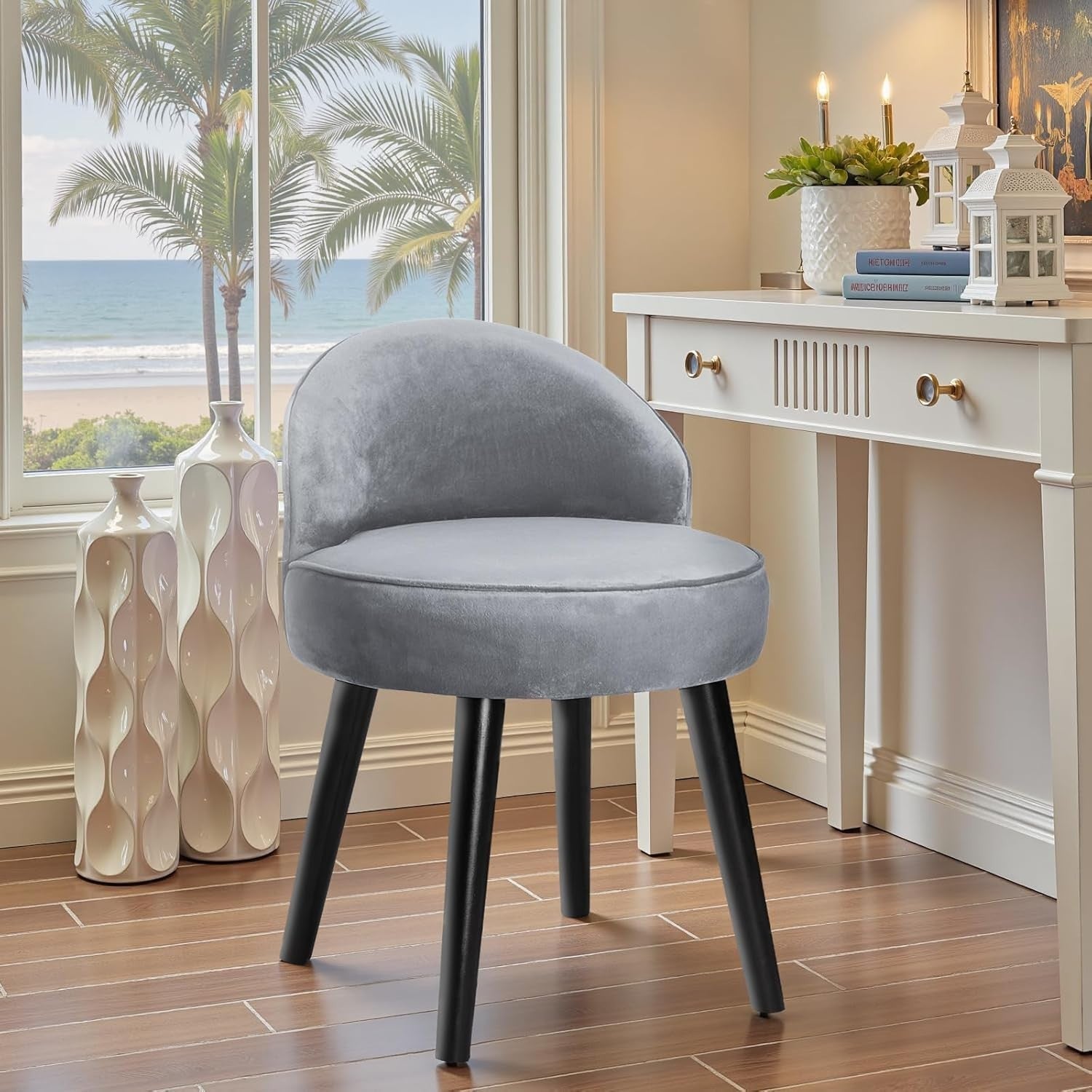 Grey Velvet Dressing Table Stool with Low Back – Soft Padded Vanity Chair
