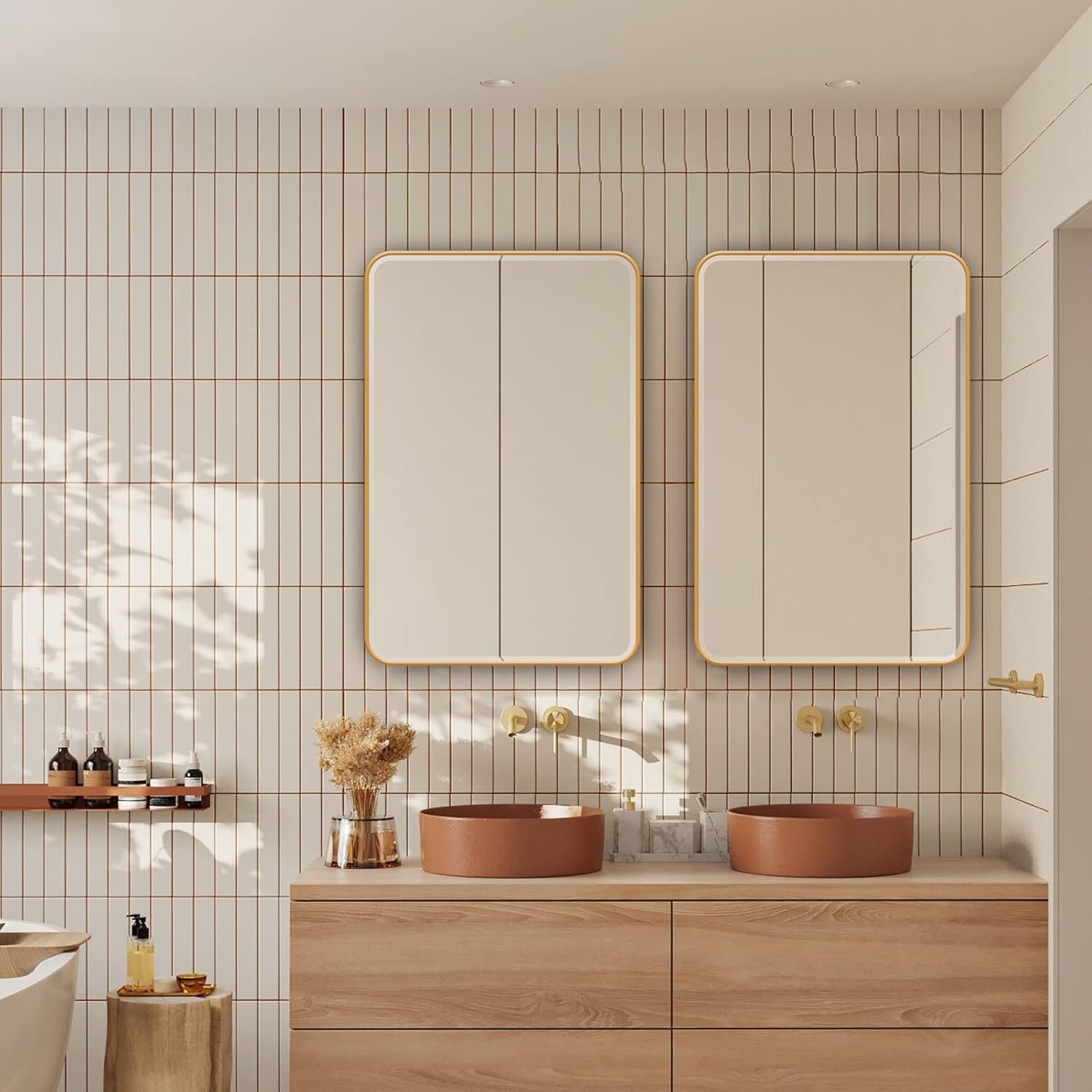 Wall-Mounted Plastic Mirror Cabinet with Adjustable Shelves & Golden Frame
