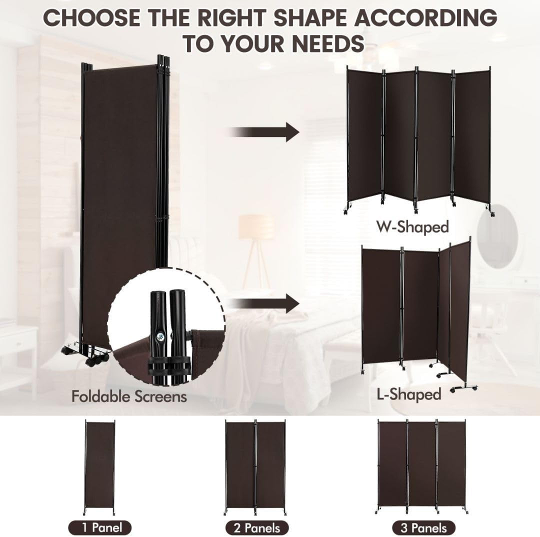 4 Panel Espresso Folding Room Divider Privacy Screen on Wheels for Home Office