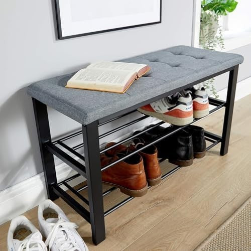 Grey Shoe Storage Bench with Linen Cushion & 2 Shelves – Metal Hallway Unit