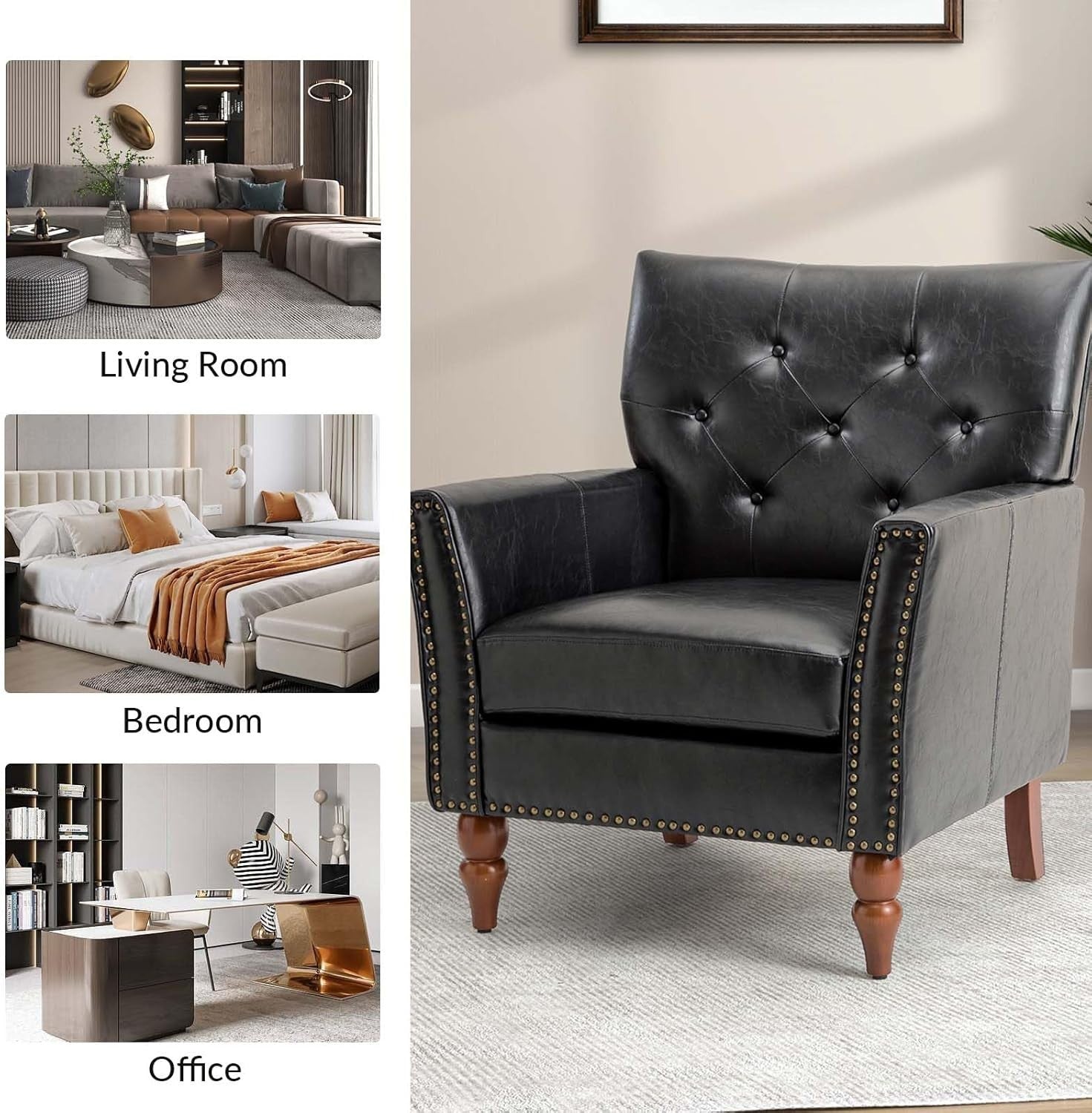 2x Black Faux Leather Tufted Armchairs Nailhead Accent Lounge Chairs Set