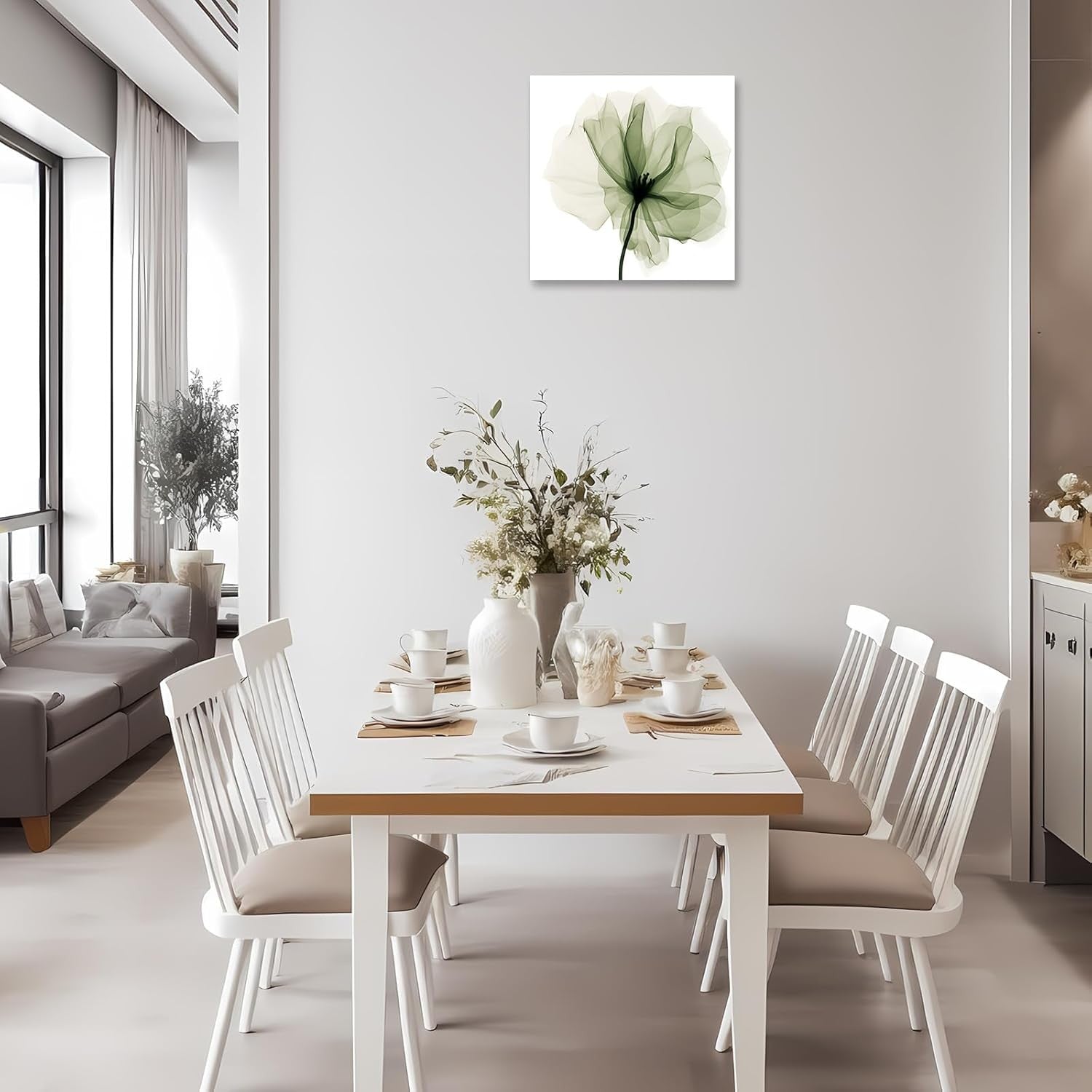 Green Floral Canvas Wall Art Abstract Flower Framed Modern Bedroom Decor