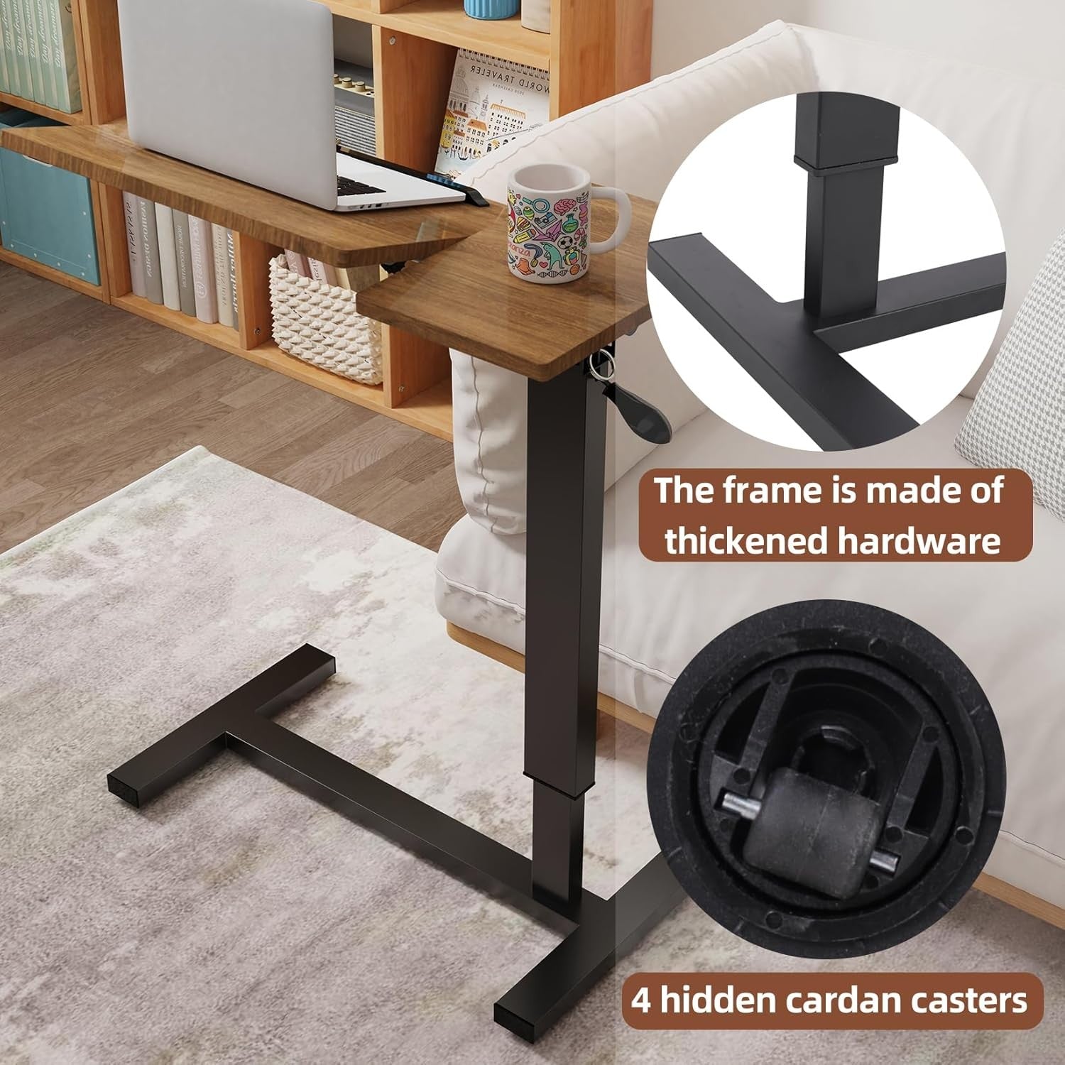 Brown Overbed Table Adjustable Height C Shape Rolling Laptop Desk