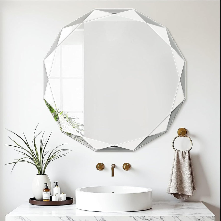 Round Beveled Bathroom Mirror 61x61 cm Frameless Vanity Wall Decor