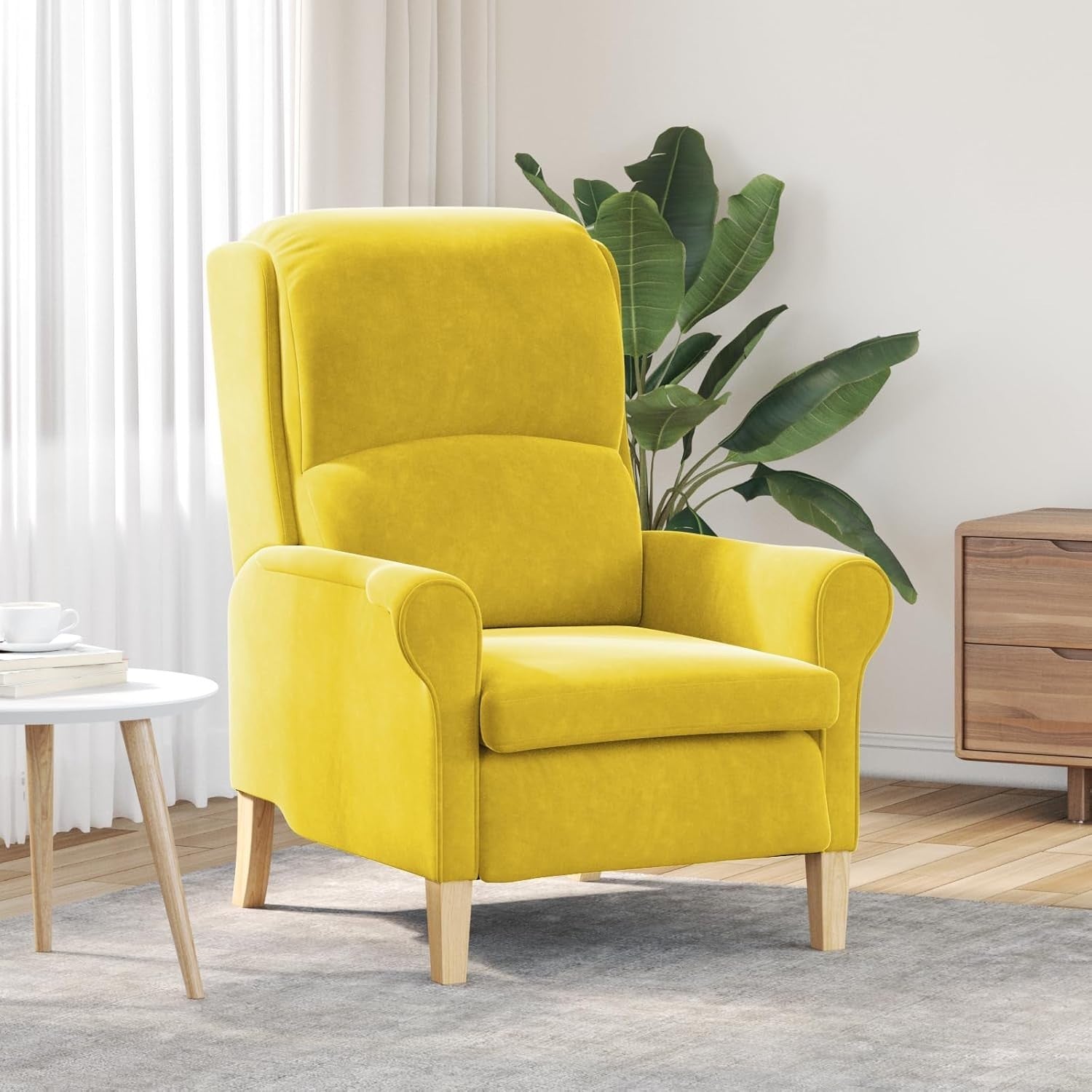 Yellow Highback Armchair Fabric Wingback Lounge Chair Wooden Legs