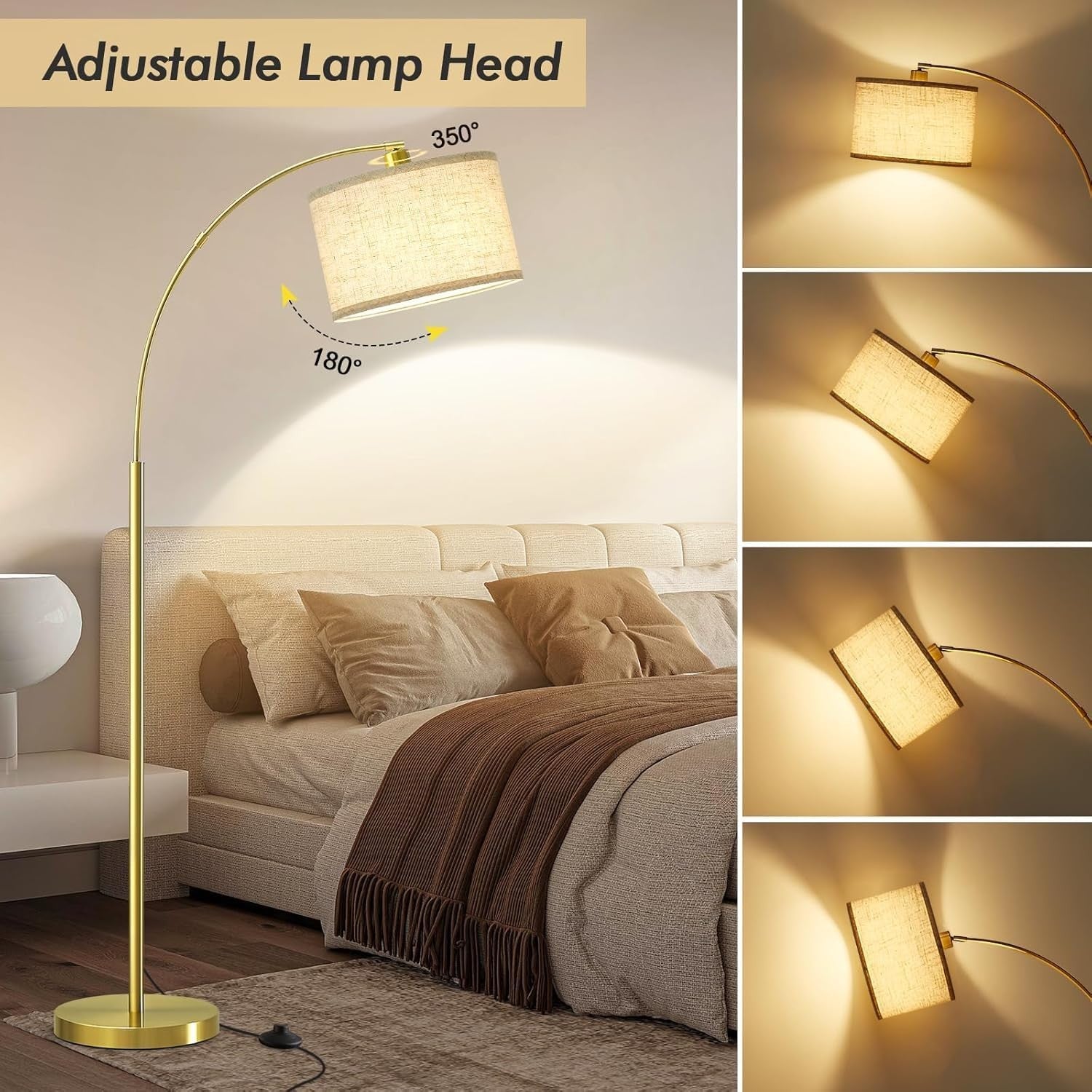 Gold Arc Floor Lamp Adjustable Head Tall Standing Light with Fabric Shade